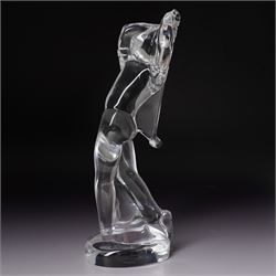 Baccarat figurine of a golfer, depicting a golfer in mid-swing, together with Nachtmann bird, golfer H24cm