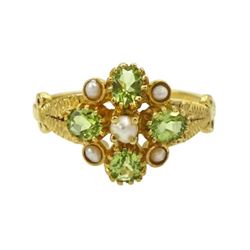 Silver-gilt peridot and pearl cluster ring, stamped