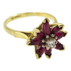18ct gold marquise shaped ruby and round brilliant cut diamond flower head cluster ring, hallmarked