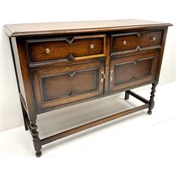  Jacobean style oak sideboard, two drawers above two cupboards, barley twist supports joined by stretchers 