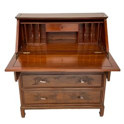 Hong Kong hardwood bureau, the panelled fall front carved with bamboo plants, fitted with two short and two long drawers