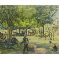 Feeding Pigs in the Town Square, 20th century watercolour unsigned 36cm x 44cm