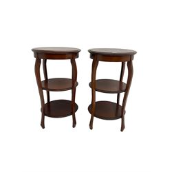 Pair early 20th century mahogany lamp tables, circular moulded top over two tiers, on shaped cabriole uprights