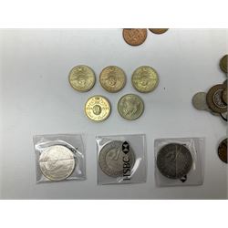 Queen Victoria 1875 and 1880 half crown coin, small number of pre 1947 Great British silver coins, three Queen Elizabeth II five pound coins, five two pounds, pre-decimal coins including pennies, brass threepence pieces etc