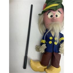 Two Pelham Puppets - The Magic Roundabout Mr. Rusty pole puppet with wool hands and blue  coat dated 1963; boxed; and Type SL Disney Donald Duck; unboxed (2)