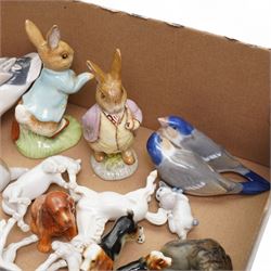 Royal Copenhagen duck No.1934, another of a puppy No.1311, another of two birds No.6811, two Beswick Beatrix Potter figures and other animal ornaments
