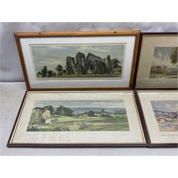 Four carriage prints, comprising Leiston Abbey, Suffolk after Frederick William Baldwin, Richmond, Yorkshire after Leonard Russell Squirrell, Harrogate, Yorkshire after Jack Merriott, and Sandsend, nr. Whitby, Yorkshire, after Jack Merriott (4)