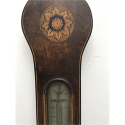 Early 19th century mahogany banjo barometer, inlaid with shell and flower head motif, with thermometer and silvered dial signed 'F. Molton, St. Lawrence Steps, Norwich', H93cm