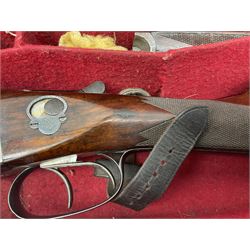 W.W. Greener 12-bore side-by-side double barrel non-ejector shotgun, with 76cm barrels, side safety, engraved lock, figured walnut stock with chequered grip and fore-end, no.33408, 120.5cm overall; in fitted canvas covered case with tools and accessories including .22 12-bore dog training device. SHOTGUN CERTIFICATE REQUIRED.