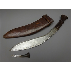  Kukri Knife, 29cm curved steel blade with inlaid edge detail and hardwood handle L40cm, in leather sheath with one skinning knife  