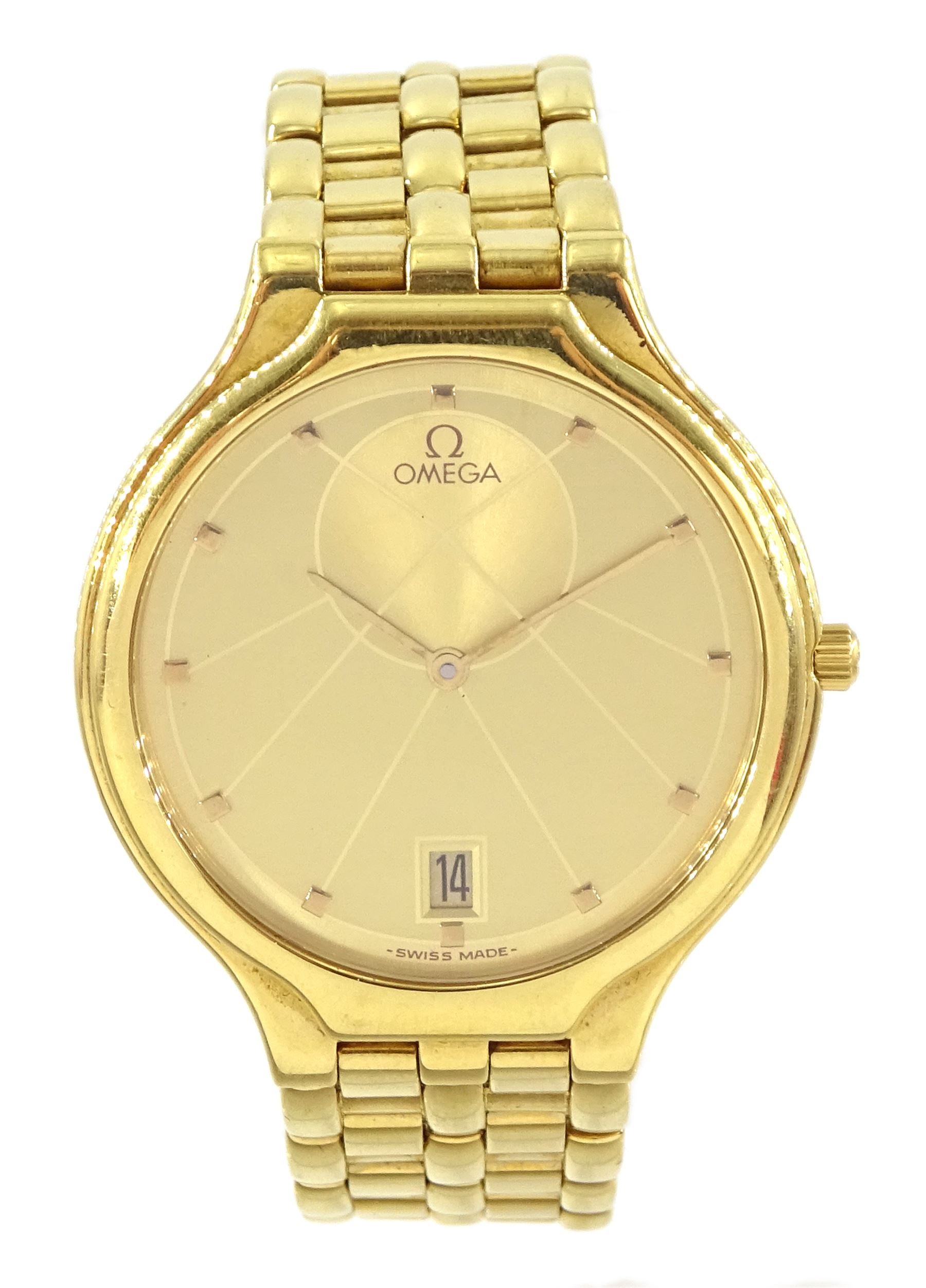 Omega gentleman's 18ct gold quartz wristwatch, Cal, 1440, sun symbol champagne dial with date aperture at 6 o'clock, on integral Omega 18ct gold bracelet strap, with fold-over clasp