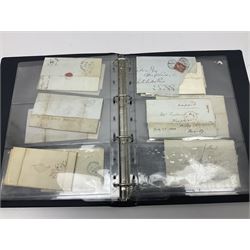 Postal history, including pre-stamp, Queen Victoria imperf penny reds on covers or entires a few with black MX cancels, 1841 two pence blue with white lines added on mourning cover, perf penny red on cover etc, housed in a ring binder folder