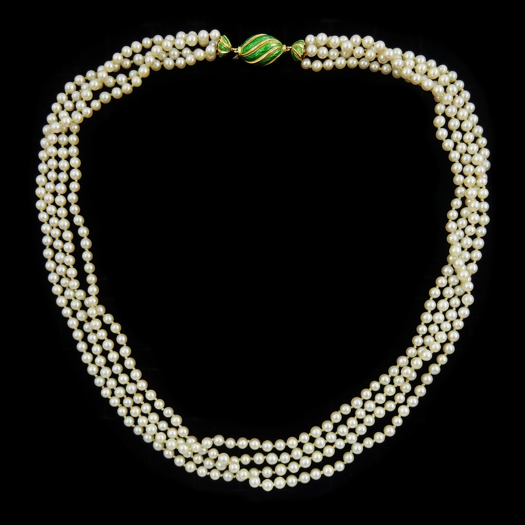 Four strand cultured pearl necklace, on gold green enamel candy design clasp