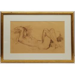 Attrib. Fortunino Matania (Italian 1881-1963): Nude with Arms Outstretched, crayon unsigned, attribution in a later hand verso 28cm x 47cm