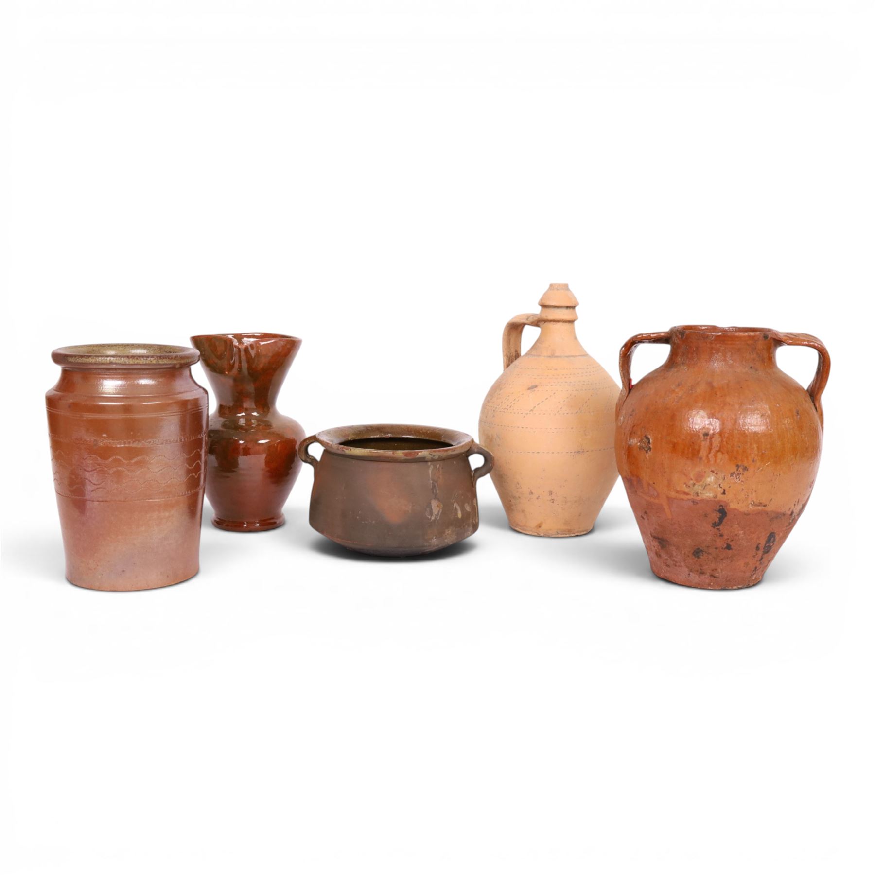 Two twin handled Spanish terracotta pots, together with terracotta pitcher and three similar, largest H35cm 