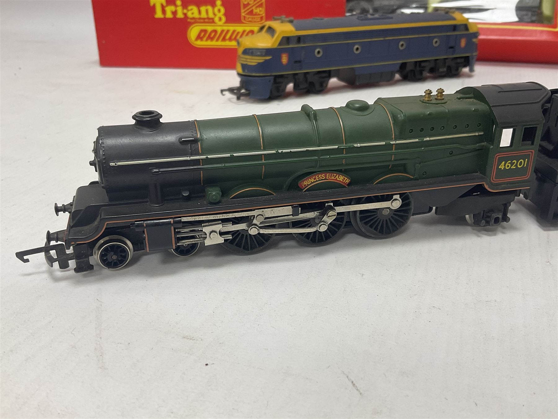 Hornby/Tri-Ang ‘00’ gauge - nine locomotives to include Britannia Class ‘Britannia’ 4-6-2 no.70000 in BR green; Class M7 4-4-0 Tank no.30027 in BR black; Princess Class ‘Princess Victoria’ 4-6-2 no.46205 in BR black; in original boxes; further loose models Princess Class ‘Princess Elizabeth’ 4-6-2 no.46201 in BR green; Class 3F 0-6-0 tank no.7606 in LMS crimson; TR double ended diesel locomotive; three further tank locomotives and one loose tender (10) 