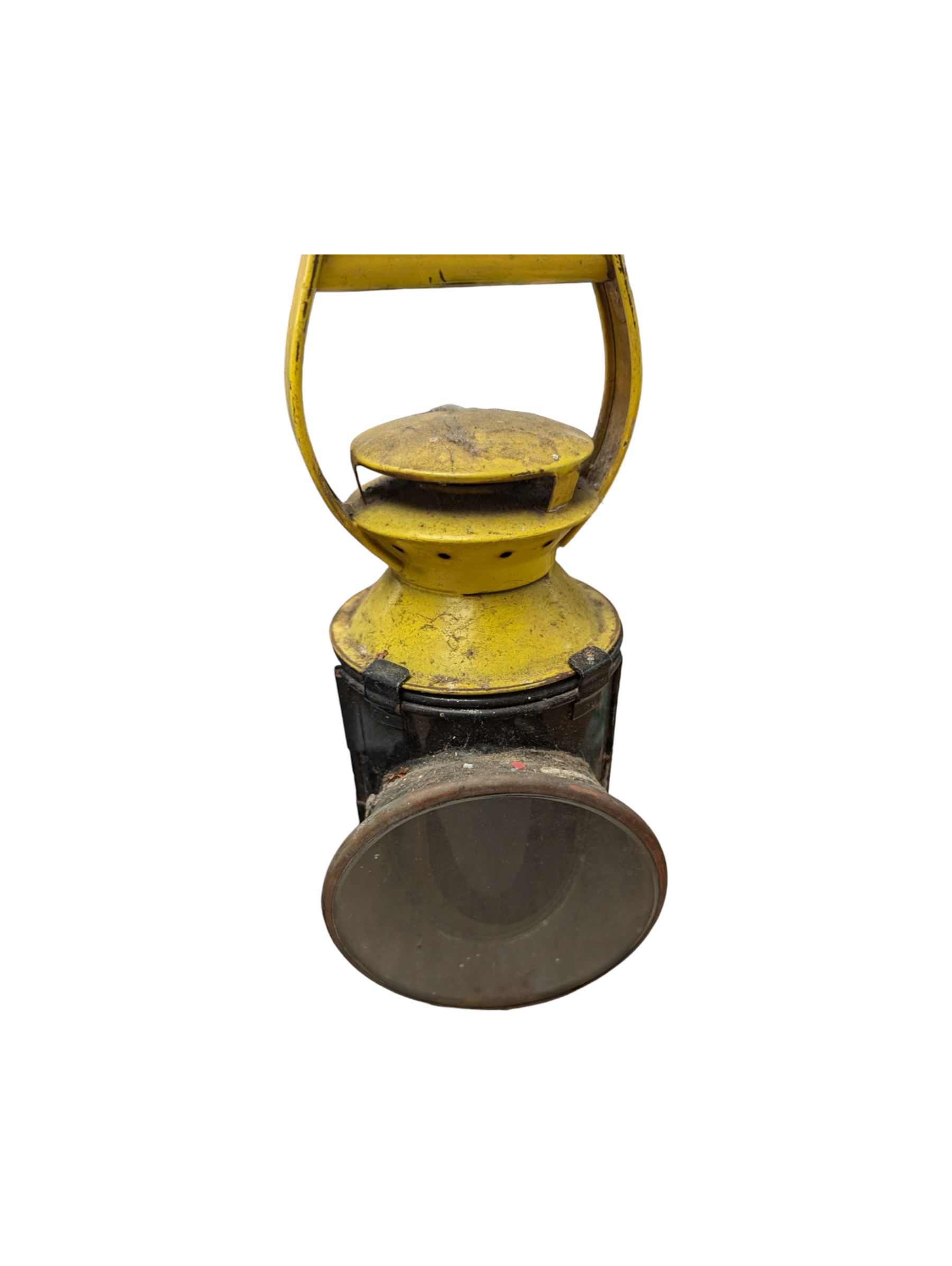 Three British Railway Bardic lamps, an enamel shunting signal disc and a yellow and black signal lamp