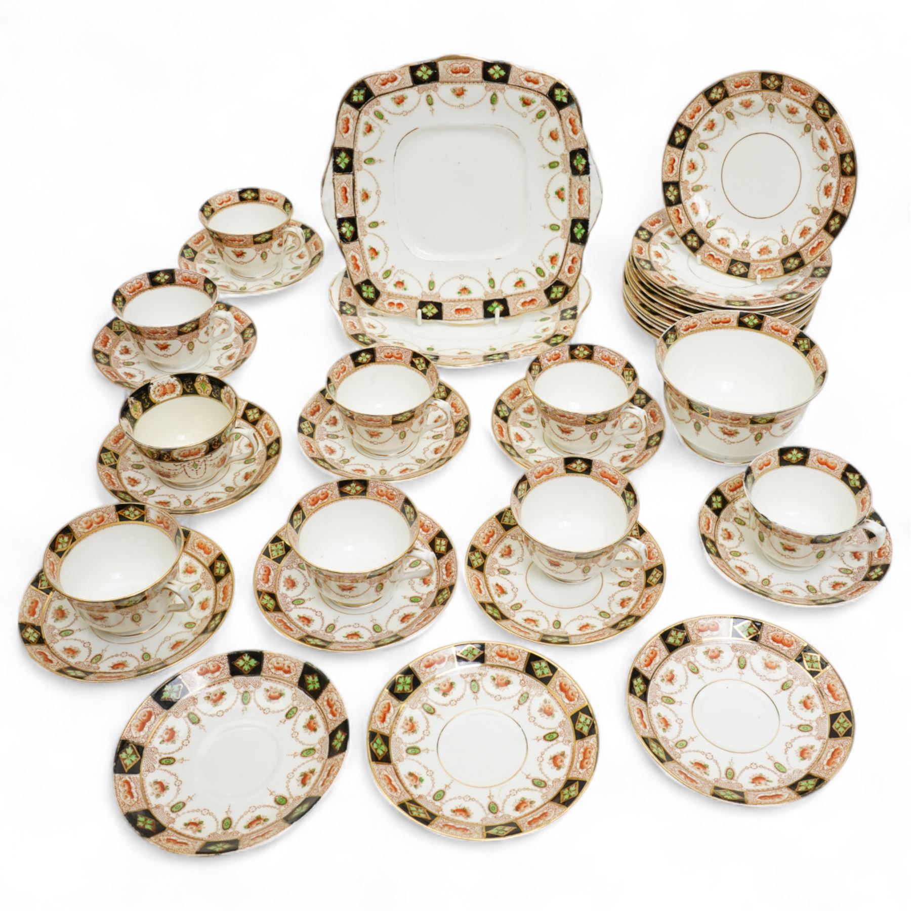 Salon China S&L Harrow pattern part tea service, comprising nine teacups, eleven saucers, twelve side plates, two serving plates and one bowl