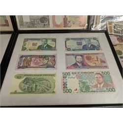 World banknotes, including Central Bank of Nigeria, Indonesia, Central Bank of Egypt, Republic of Liberia, Central Bank of Kenya, Central Bank of the Gambia, Singapore, Belgium etc, loose and in five framed displays