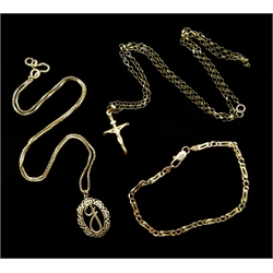  Two 9ct gold pendant necklaces and a chain bracelet all hallmarked  