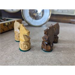 Collection of metalware, including brass weights, fireside tools, sauce boat, etc, together with a chess set, records, two studio pottery lamps etc