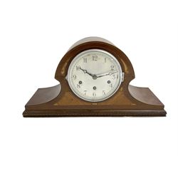 Edwardian Westminster chiming mantle clock in a mahogany case with inlay