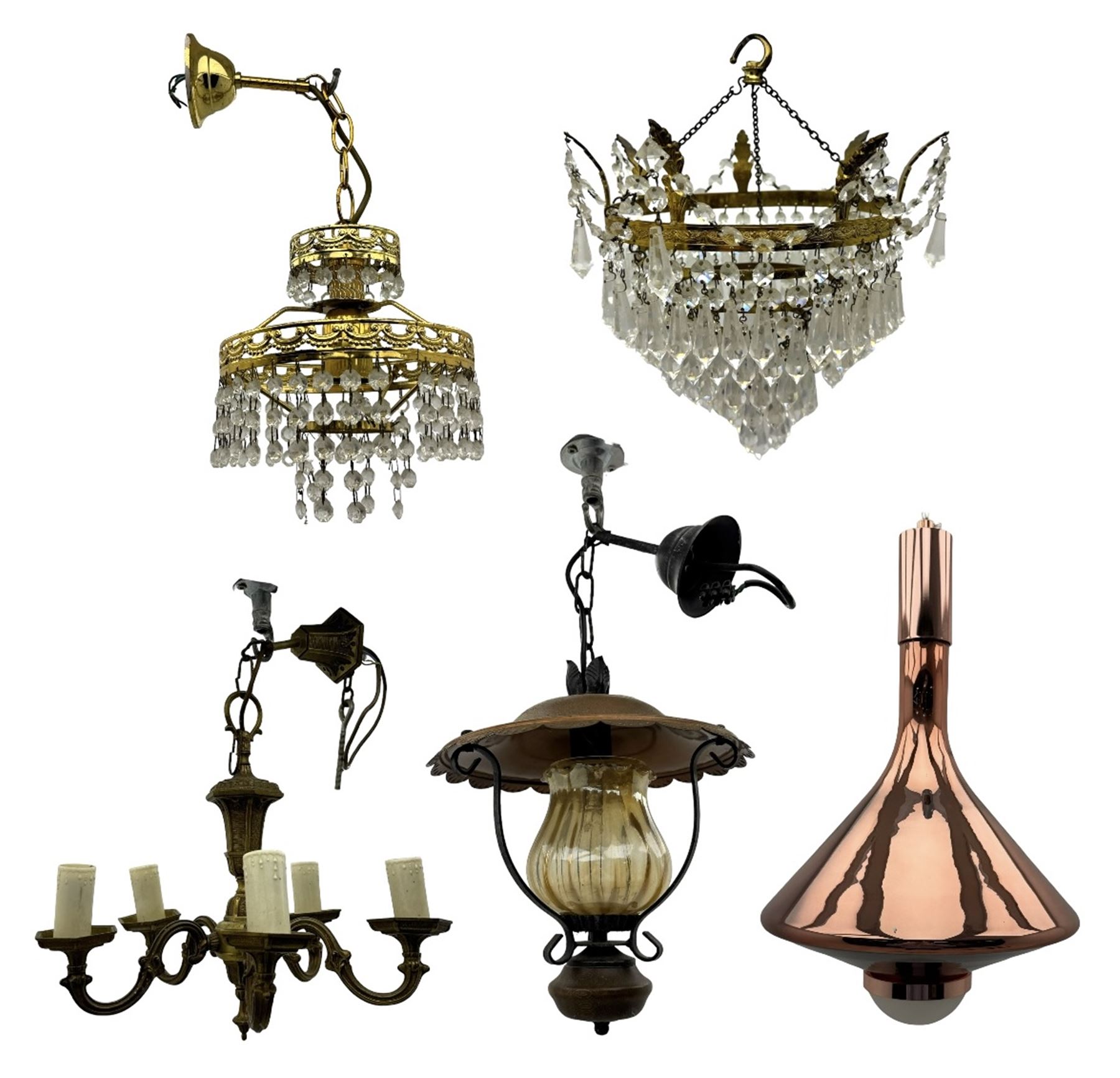 Collection of vintage and modern light fixtures, including copper pendant light, brass five-arm chandelier, hanging lantern and two small chandeliers with hanging faceted droplets (6)