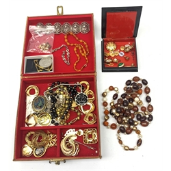 Three pairs of 9ct gold earrings together with various 9ct gold butterfly backs, silver filigree bracelet, amber type necklace with 9ct gold clasp, silver marcasite bracelet and various pieces of costume jewellery 
