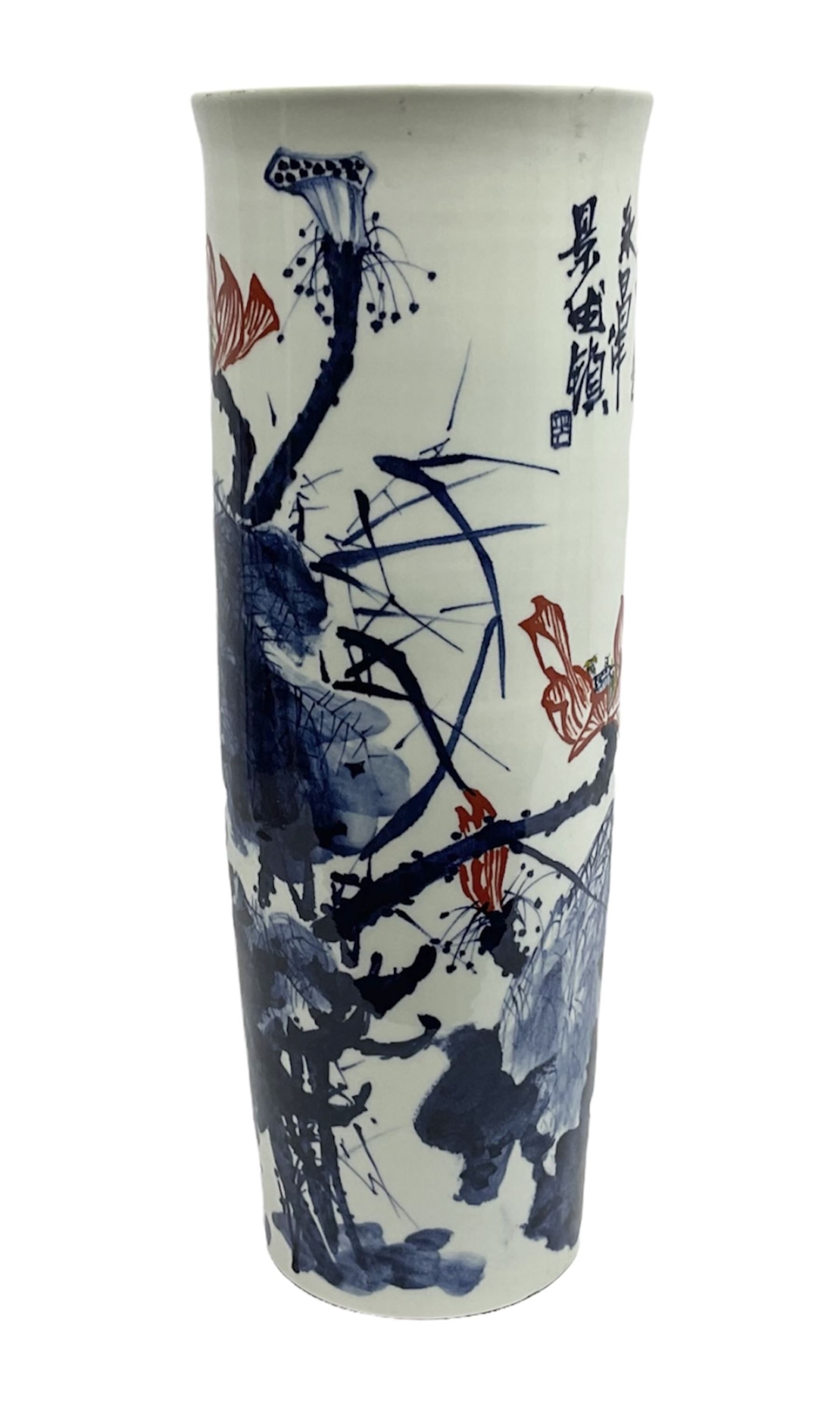 Chinese floor vase of cylindrical form decorated in blue, white and red wih birds perched upon blossoming branches, with flared rim, H62cm