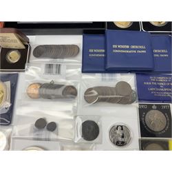 Mostly commemorative and fantasy coinage including commemorative crowns, 2018 'The Capsule Edition featuring the 2018 Paddington 50p coins' in display case, The Royal Mint Solomon Islands 2007 one ounce fine silver five dollars coin on card etc