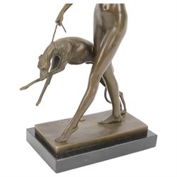 After Edward McCartan, Art Deco style bronze figure, Diana and the Hound upon a marble base, signed and with foundry mark, H31cm