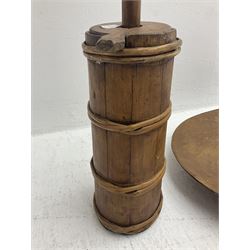 Butter churn with lid and wicker bound tapering body, large wood dish of oval form, etc, tray L68cm