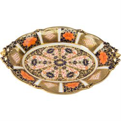 Royal Crown Derby dish, Imari 1128 pattern, of lozenge form, with pierced handles moulded with acorn terminals, L30cm