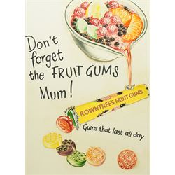 Original Rowntree Mackintosh (Rowntrees) prototype collage advertising poster for Fruit Gums - 'Don't Forget the Fruit Gums Mum - Gums that all day', colour poster with collage depicting a fruit punch being poured into a tube of Fruit Gums 50cm x 37cm
Provenance: from the personal collection of David Lamb, former advertising manager at Rowntree Mackintosh, York