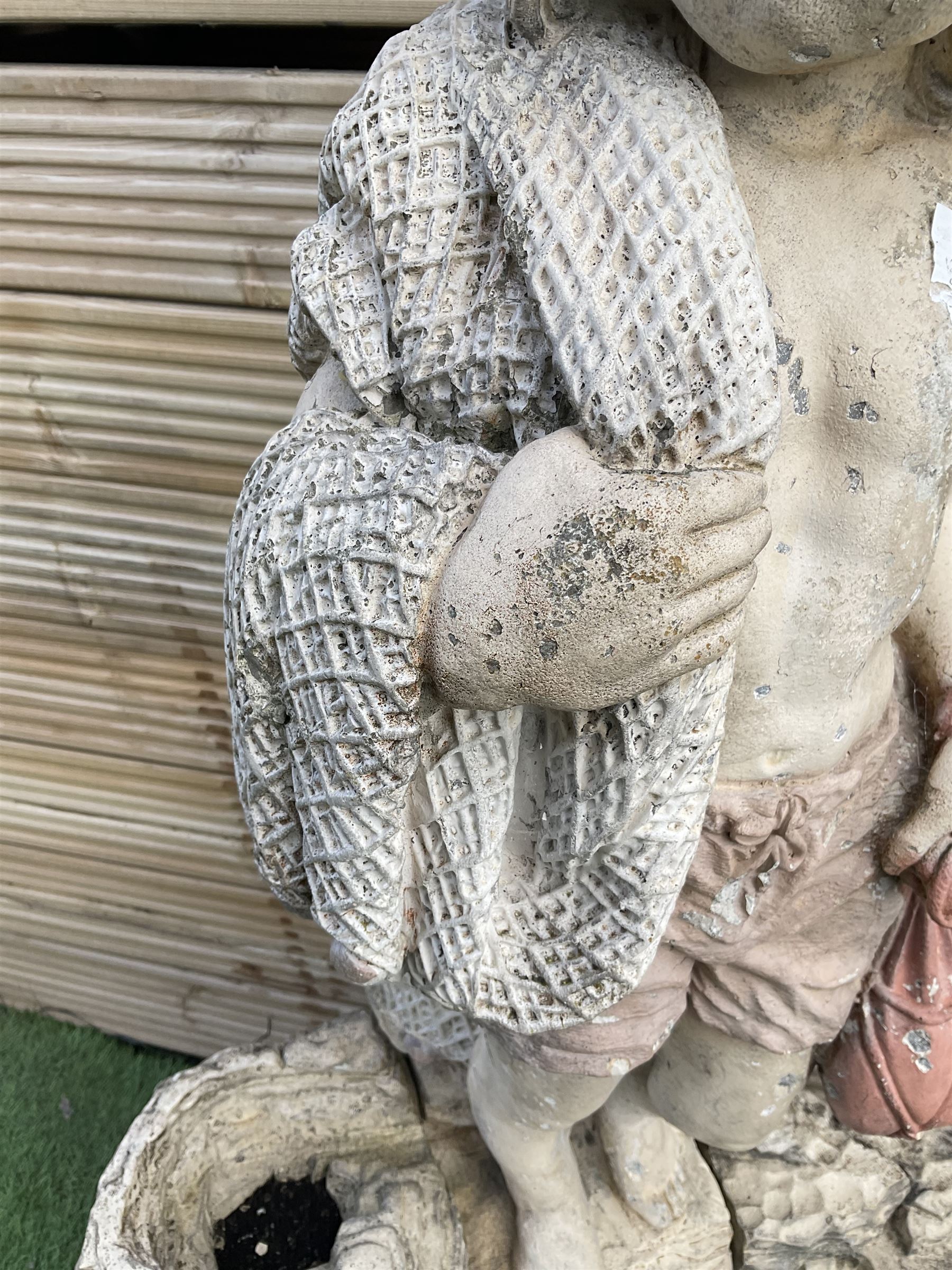 Three section cast stone garden figure of a boy carrying fishing net and a satchel with a water feature together with a cast stone planter on plinth - THIS LOT IS TO BE COLLECTED BY APPOINTMENT FROM DUGGLEBY STORAGE, GREAT HILL, EASTFIELD, SCARBOROUGH, YO11 3TX
