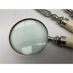Magnifying glass, letter opener and shoe horn set, with bone handles and silver plated finials 