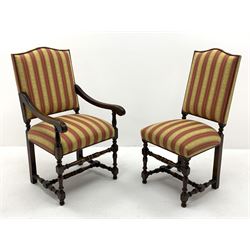 Royal Oak Furniture Co - Jacobean style oak dining table, rectangular top with a lunette carved frieze, acanthus carved baluster cup and cover supports joined by angular stretchers (276cm x 122cm, H81cm), and set ten (8+2) oak framed high back dining chairs upholstered in striped fabric with studded detail, turned supports and stretchers