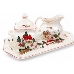 Masons Christmas Village tea wares, designed by Marsten-Mandrajji, comprising three-tiered an other cake stand, large bowl and jug, two twin-handled serving dishes, mug and two teacups, plates of various sizes etc