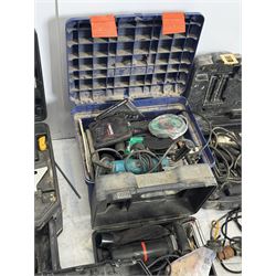 Performance Pro router with accessories, cased; DeWalt drill, two angle grinders with bits, biscuit jointer, bench grinder, scroll saw, heat gun, drills and other