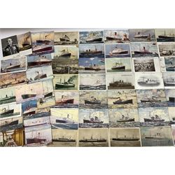 Sixty-five early 20th century postcards of passenger liners including White Star, Red Star, Atlantic Transport, Anchor, Cunard, Henderson, Booth, Union Castle, Holland America, Lamport & Holt, P. & O., New Zealand, Canadian Pacific, British India etc; and ten Edwardian postcards of Naval warships and officers (75)