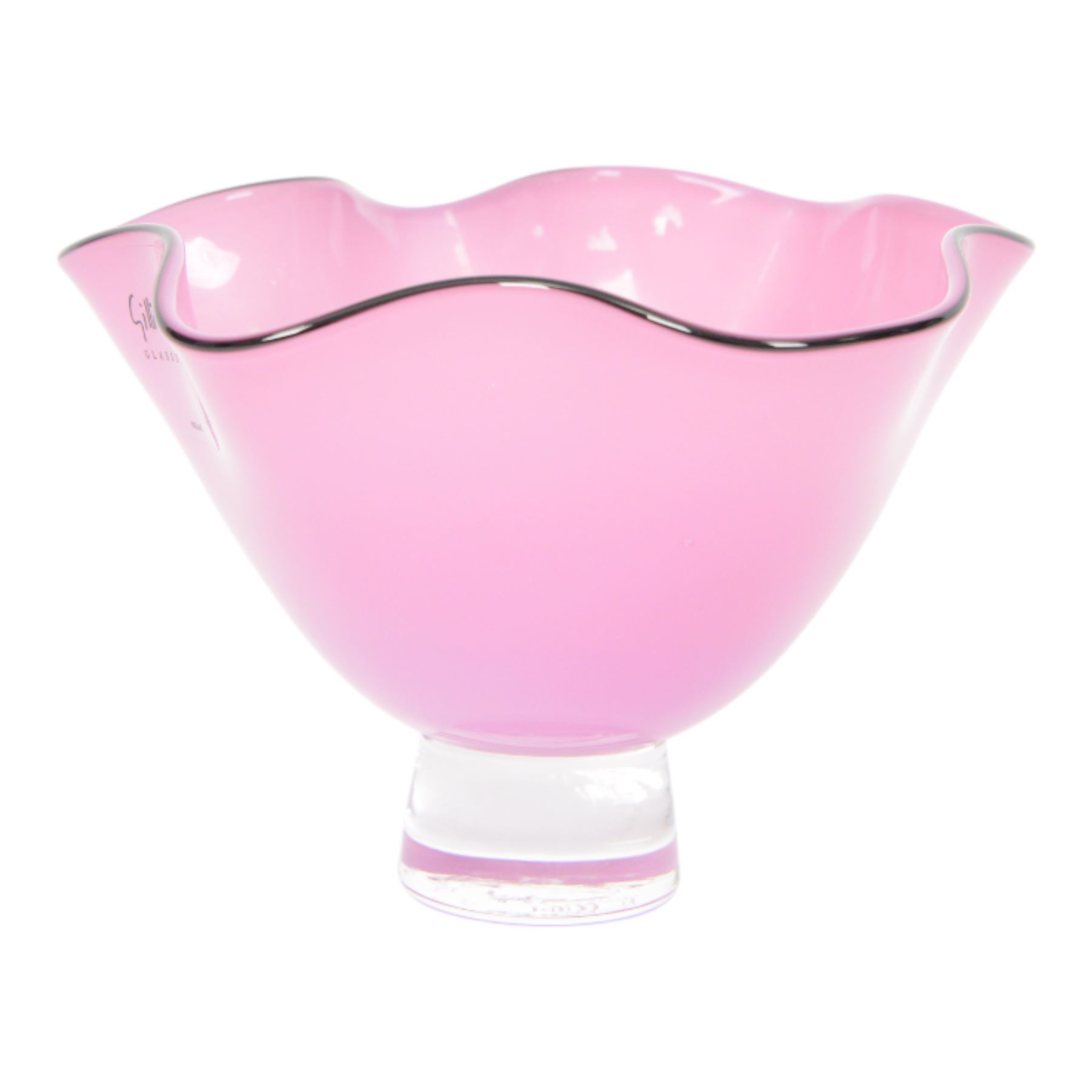Gillies Jones pink glass bowl with crimped black rim upon a pedestal foot, H11cm