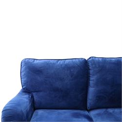 Howard design - two-seat sofa upholstered in blue fabric, traditional shape with rolled arms, on walnut finish turned feet with brushed metal cups and castors