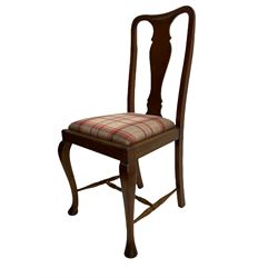 Mixed set of twelve early 20th century mahogany Queen Anne style dining chairs, all with shaped vase backs and cabriole front supports, matching drop-in seats upholstered in tartan patterned fabric