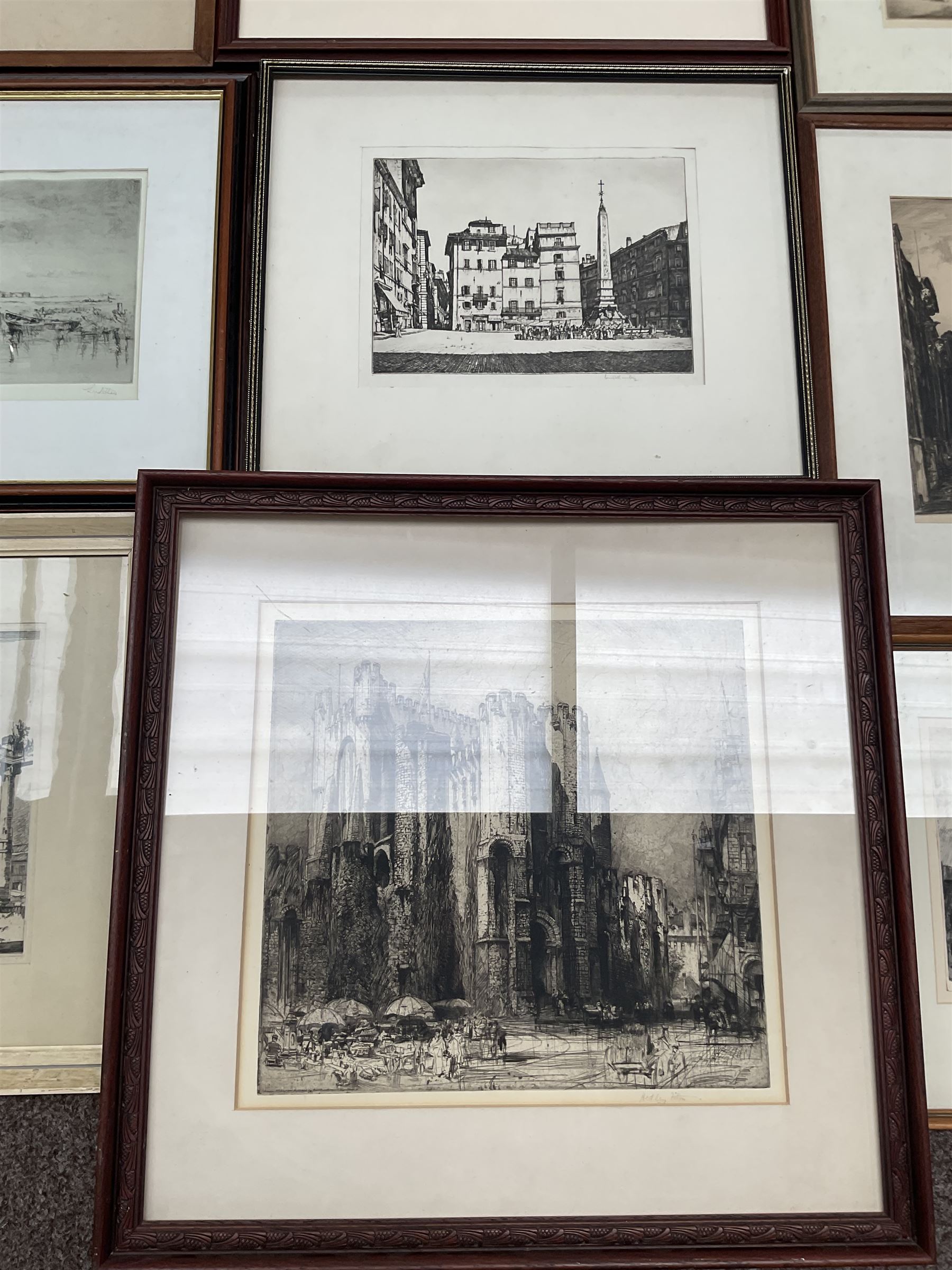 Collection of etchings, artists including Frank Short, Leonard Russell Squirrell, Malcolm Osbourne, Alfred Bentley, Samuel Chamberlain, Sidney Tushingham, Hedley Fitton, etc (16)
