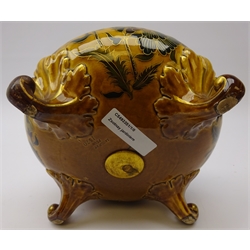  Zsolnay Pecs porcelain Jardiniere of squat bulbous form decorated with stylized flowers on yellow ground with gilt metal liner on four scroll feet, D24cm x H14cm   