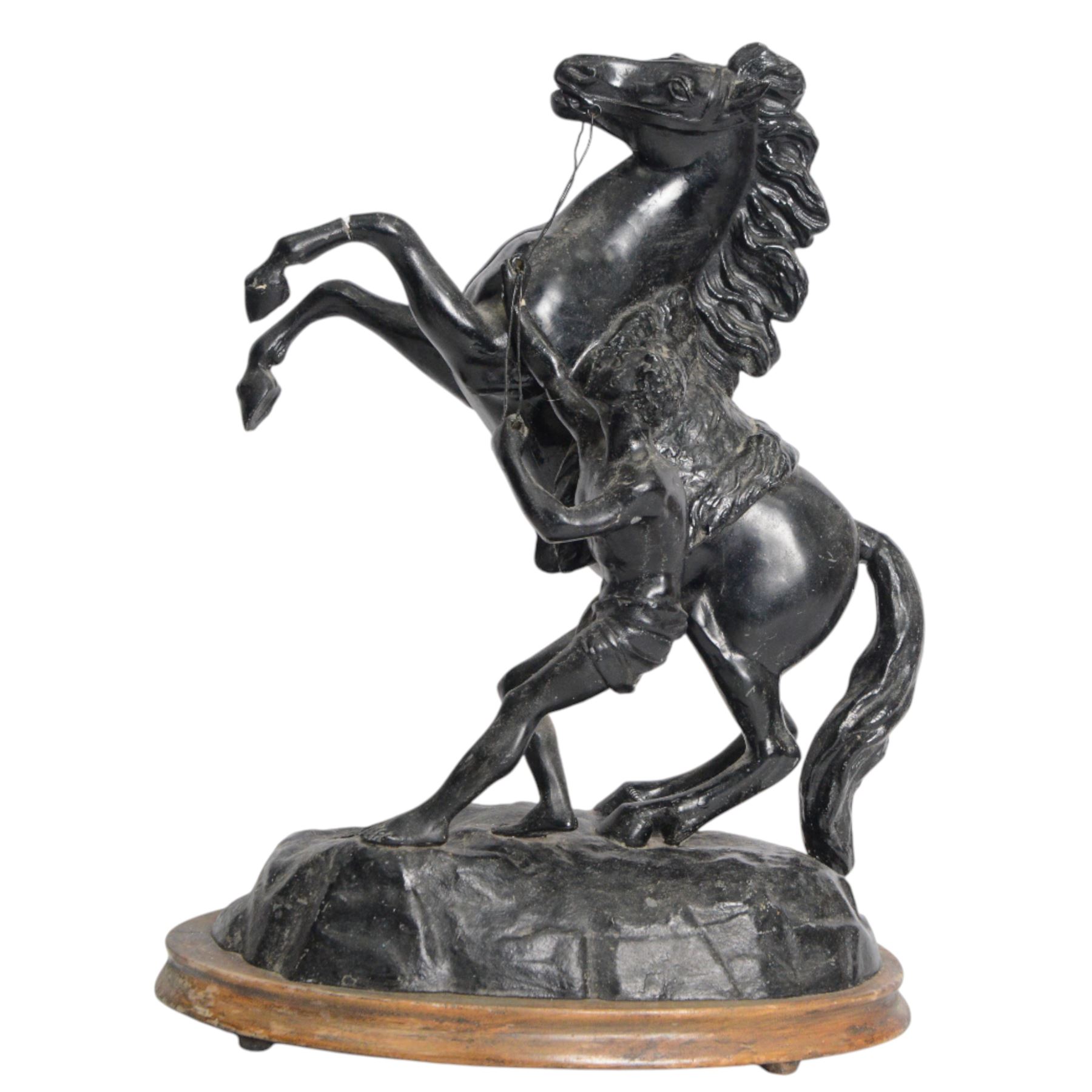 Three spelter Marley Horse figures, after Guillaume Coustou, each modelled as a rearing horse restrained by  groom, tallest H41cm