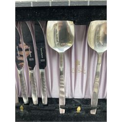 Two cased canteens of cutlery comprising Viners of Sheffield 1960s EPNS cutlery (34) and canteen of Thomas Turner of Sheffield stainless steel cutlery (24)