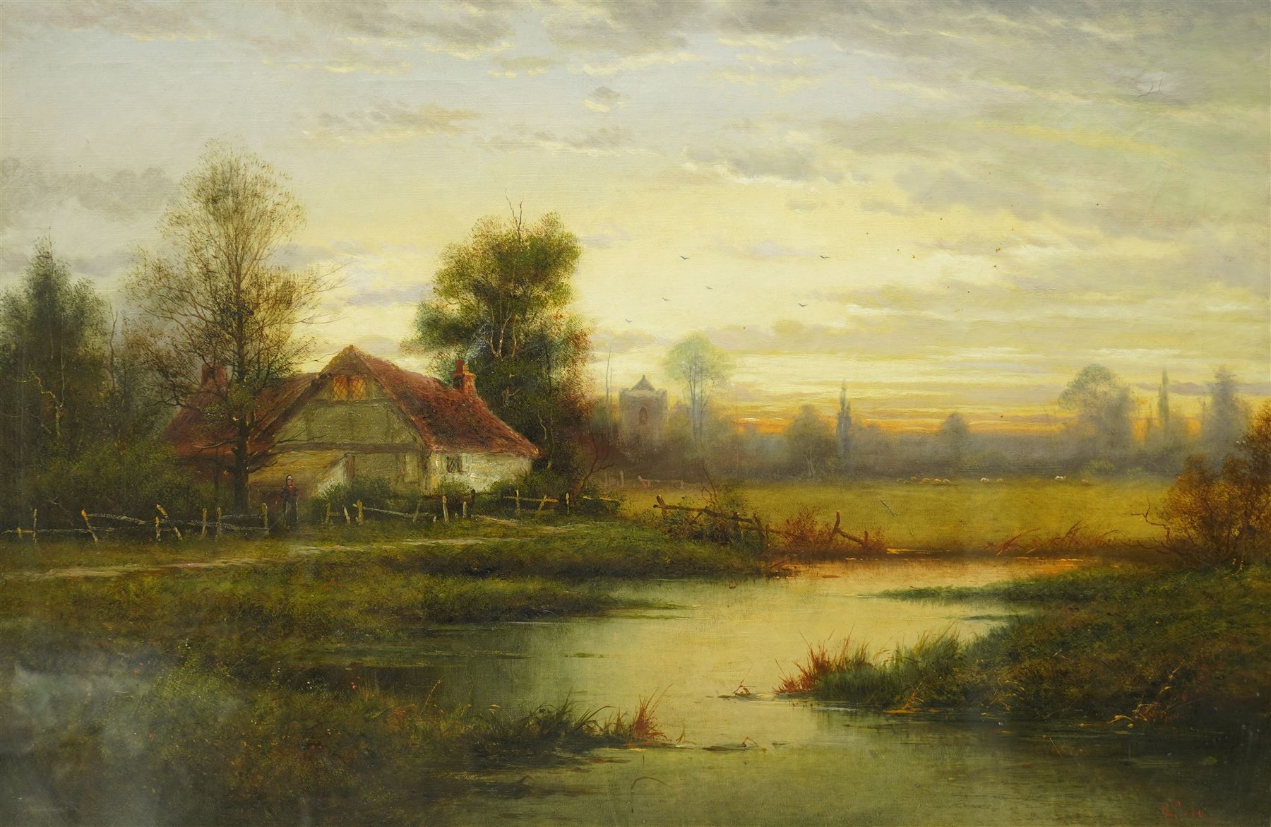 George Cole (British 19th century): Sunset over Thatched Cottage, oil on canvas signed 49cm x 75cm 