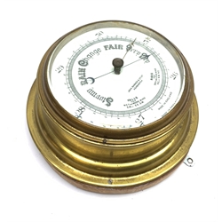 20th century brass bulkhead barometer by John Barker & Co.Ltd Kensington, on oak backboard, D23cm  