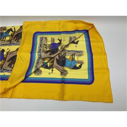Hermès 'Ecuries' silk scarf, designed by Hugo Grygkar in 1947, printed with twenty horses in their respective stables, on yellow ground contained within stitched effect blue and purple and darker yellow gold borders, with rolled hand stitched edges and Hermes material label, 87cm square
